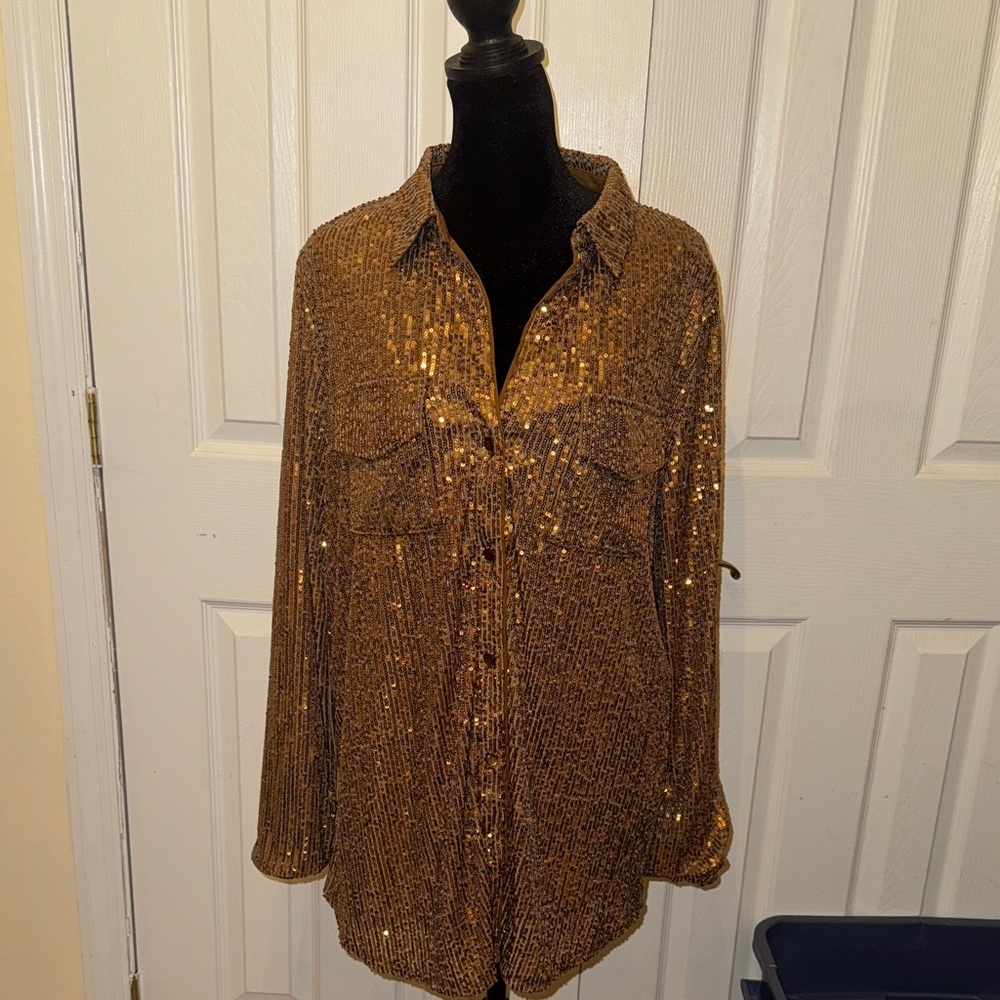 Guess Gold Sequin Button Down Shirt